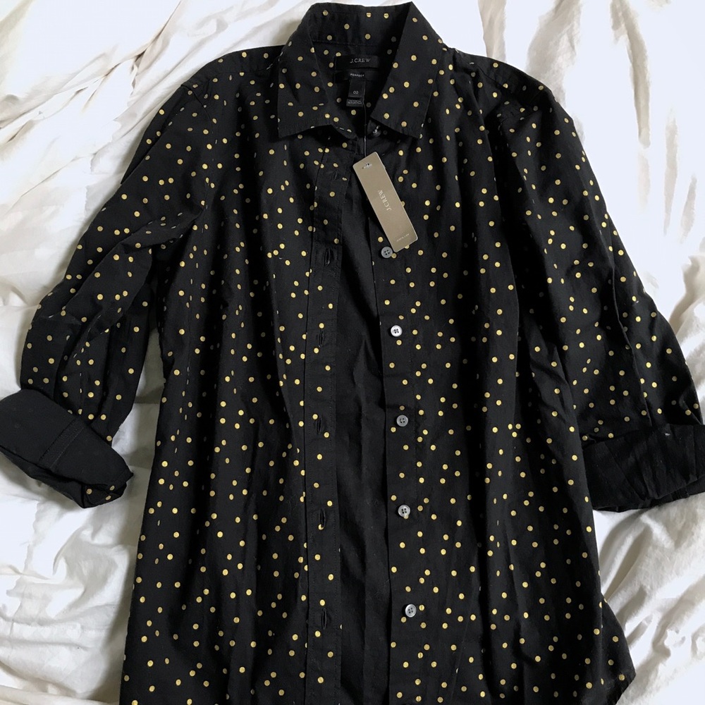 J. Crew Size 00 Gold Polka Dots Black Button-Down